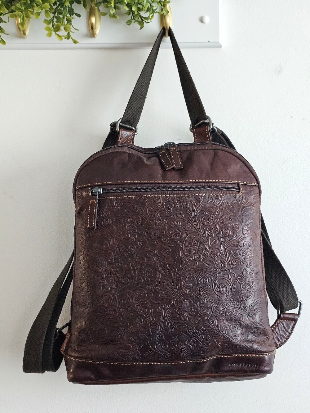 Jack Georges Voyager Convertible Backpack Brown Buffalo Leather Floral Embossed
